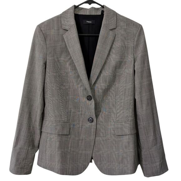 Theory Carissa Women's 8 Slim Tartan Plaid Wool Gray Two Button Blazer - Picture 6 of 15